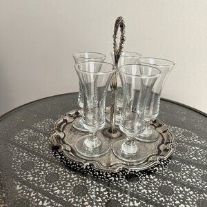 Vintage Queen Anne 5 Cordial Glasses with Silver Holding Tray. Used